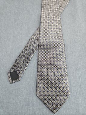 Men's Geometric Silk-Effect Tie in Blue and Gold